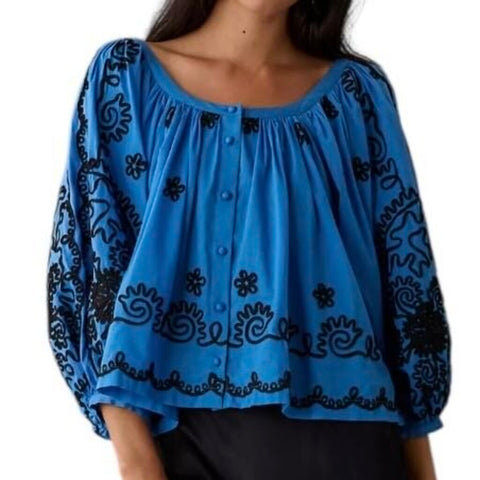 *NWT Rhode X Anthro Trish Cotton Applique 3/4 Balloon Sleeve Boat Neck Button-Up Top, Size XS