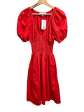 *La Ligne Celina Cotton Poplin Puff Sleeve V-Neck Zip Front Smocked Waist Midi Dress, Size S