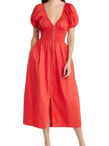 *La Ligne Celina Cotton Poplin Puff Sleeve V-Neck Zip Front Smocked Waist Midi Dress, Size S