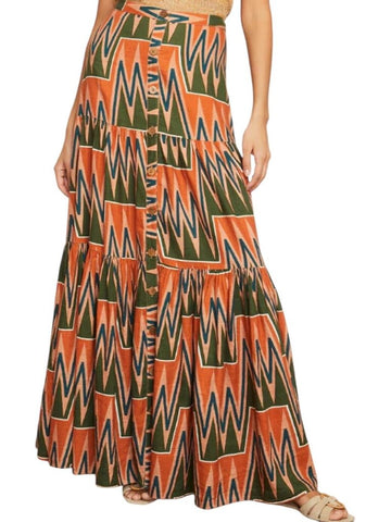 *Veronica Beard Jeans Sundance Cotton & Linen Graphic Button-Up Tiered Maxi Skirt, Size S