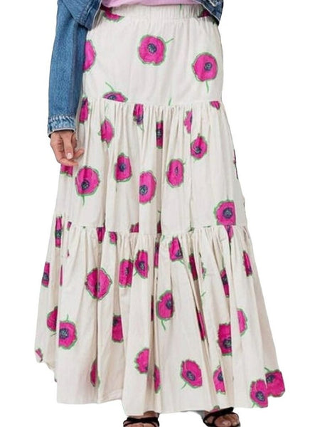 *LA DoubleJ X Mantero Big Skirt Cotton Poplin Floral Elastic Waist Pull-On Tiered Maxi Skirt, Size XS