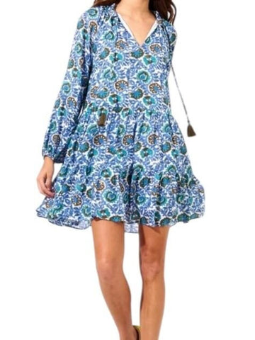 *Oliphant Metallic Clip Dot Blockprint Balloon Sleeve Tie Split Neck Tiered Mini Dress, Size S