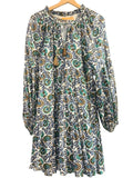 *Oliphant Metallic Clip Dot Blockprint Balloon Sleeve Tie Split Neck Tiered Mini Dress, Size S