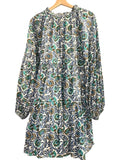 *Oliphant Metallic Clip Dot Blockprint Balloon Sleeve Tie Split Neck Tiered Mini Dress, Size S