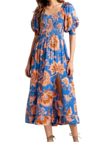 *NWT Omika Blair Modal Floral Puff Sleeve Scoop Neck Smocked Bodice Back Cut-Out Maxi Dress, Size M