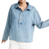 *Nili Lotan Harper Cotton Denim Long Sleeve Collared Crested Button Neck Popover Shirt Top, Size XS