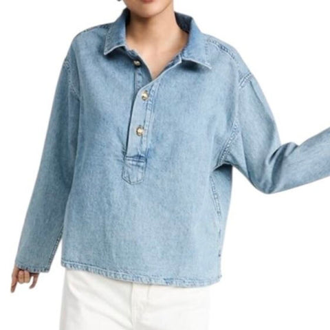 *Nili Lotan Harper Cotton Denim Long Sleeve Collared Crested Button Neck Popover Shirt Top, Size XS