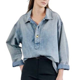 *Nili Lotan Harper Cotton Denim Long Sleeve Collared Crested Button Neck Popover Shirt Top, Size XS