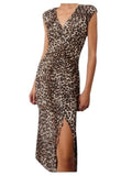 *Rails Auren Nala Leopard Cap Sleeve V-Neck Ruched Front Sheath Midi Dress, Size L