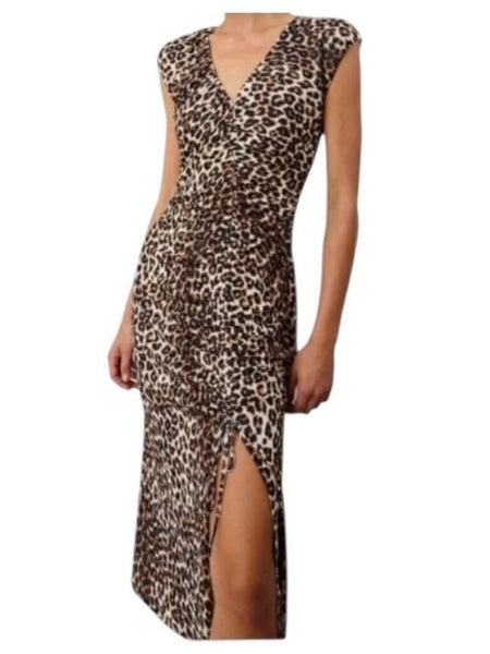 *Rails Auren Nala Leopard Cap Sleeve V-Neck Ruched Front Sheath Midi Dress, Size L