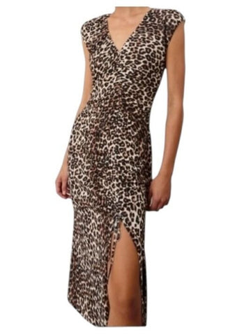 *Rails Auren Nala Leopard Cap Sleeve V-Neck Ruched Front Sheath Midi Dress, Size L