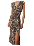 *Rails Auren Nala Leopard Cap Sleeve V-Neck Ruched Front Sheath Midi Dress, Size L