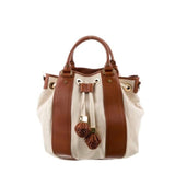 *Tory Burch Gwendolyn Canvas & Leather Drawcord Tassel Trim Bucket Tote Bag