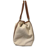 *Tory Burch Gwendolyn Canvas & Leather Drawcord Tassel Trim Bucket Tote Bag