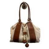 *Tory Burch Gwendolyn Canvas & Leather Drawcord Tassel Trim Bucket Tote Bag