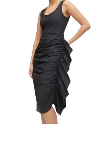 *Rhode Elsie Cotton Poplin Sleeveless Scoop Neck Ruched Sides Asymmetric Draped Ruffle Midi Dress, Size 4