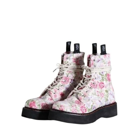 *R13 Single Stacked Floral Twill Laced Back Zipper Vibram Platform Combat Boots, Size 7
