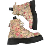 *R13 Single Stacked Floral Twill Laced Back Zipper Vibram Platform Combat Boots, Size 7