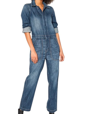 *NWT NOEND Yanni Cotton Denim Long Sleeve Stud Closure Straight Leg Jumpsuit, Size S