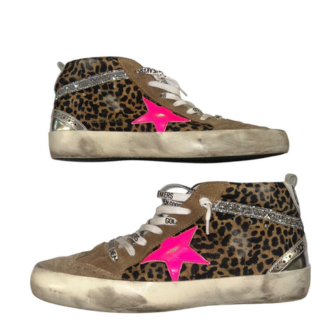 *Golden Goose Midstar Leather & Suede Leopard Neon Star Mid-Top Lace-Up Sneakers, Size 40
