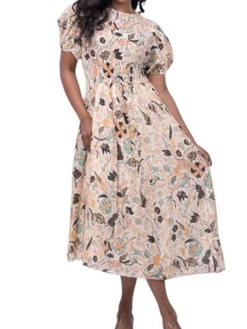 *Ulla Johnson Eden Cotton Voile Floral Puff Sleeve Round Neck Elastic Waist Midi Dress, Size 6