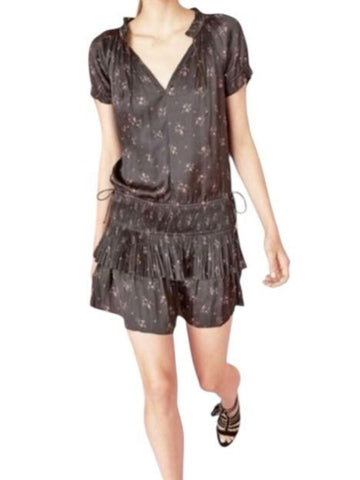 *Ulla Johnson Nora Satin Plisse Floral Puff Sleeve Ruffle Tie Split Neck Cinch Waist Tiered Mini Dress, Size 6