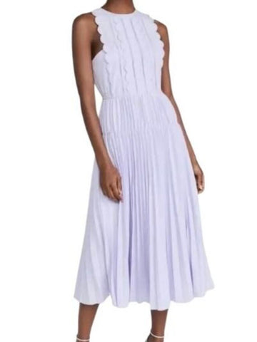 *Self-Portrait Scallop Detail Poplin Ladder Trim Sleeveless Round Neck Pleated Midi Dress, Size 6