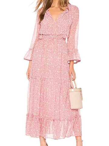 *MISA Los Angeles Lucinda Floral Long Sleeve Bell Cuff Ruffle Tie-Neck Tiered Maxi Dress, Size M