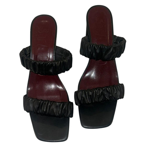 *Staud Frankie Leather Ruched Straps Block Heel Sandals, Size 39.5