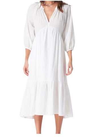 *XiRENA Vie Cotton Voile 3/4 Puff Sleeve Split Neck Flounce Hem Midi Dress, Size XS
