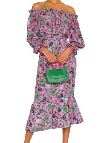 *Saloni Grace Silk Floral On/Off the Shoulder 3/4 Sleeve Asymmetric Ruffle Hem Midi Dress, Size 2