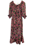 *Saloni Grace Silk Floral On/Off the Shoulder 3/4 Sleeve Asymmetric Ruffle Hem Midi Dress, Size 2