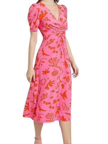 *NWT Rhode Maci Abstract Botanical Puff Sleeve V-Neck Ruched Front Midi Dress, Size 0