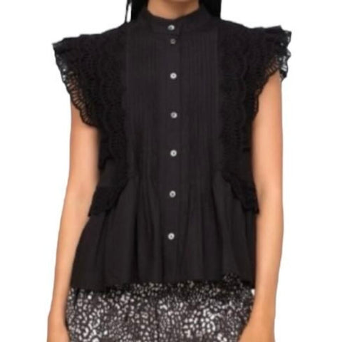 ^Sea New York Patrizia Lace Cotton Eyelet Flutter Sleeve Ruffle Yoke Button-Up Top, Size M