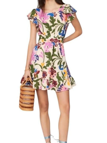 *MISA Belinda Linen Floral Flutter Sleeve Square Neck Tie Waist Open Back Mini Dress, Size XS