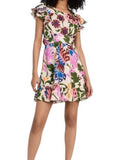 *MISA Belinda Linen Floral Flutter Sleeve Square Neck Tie Waist Open Back Mini Dress, Size XS