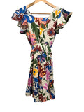 *MISA Belinda Linen Floral Flutter Sleeve Square Neck Tie Waist Open Back Mini Dress, Size XS