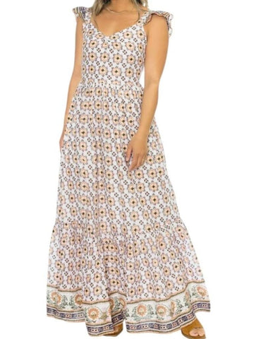 *Cleobella Nica Cotton Block Print Ruffle Trim Sweetheart Cami Smocked Back Maxi Dress, Size S