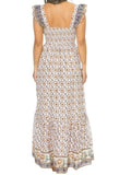 *Cleobella Nica Cotton Block Print Ruffle Trim Sweetheart Cami Smocked Back Maxi Dress, Size S