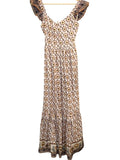*Cleobella Nica Cotton Block Print Ruffle Trim Sweetheart Cami Smocked Back Maxi Dress, Size S