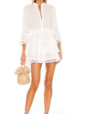 *Waimari Calamaro Cotton Embroidered Shells Lace Trim 3/4 Bell Sleeve Button Front Tiered Mini Dress, Size S