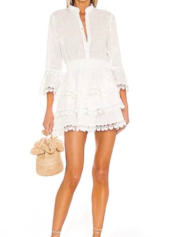 *Waimari Calamaro Cotton Embroidered Shells Lace Trim 3/4 Bell Sleeve Button Front Tiered Mini Dress, Size S