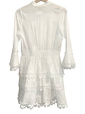 *Waimari Calamaro Cotton Embroidered Shells Lace Trim 3/4 Bell Sleeve Button Front Tiered Mini Dress, Size S