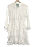 *Waimari Calamaro Cotton Embroidered Shells Lace Trim 3/4 Bell Sleeve Button Front Tiered Mini Dress, Size S