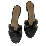 *Hermes Oasis Leather Iconic 'H' Cut-Out Stacked Block Heel Slide Sandals w/Box, Size 38