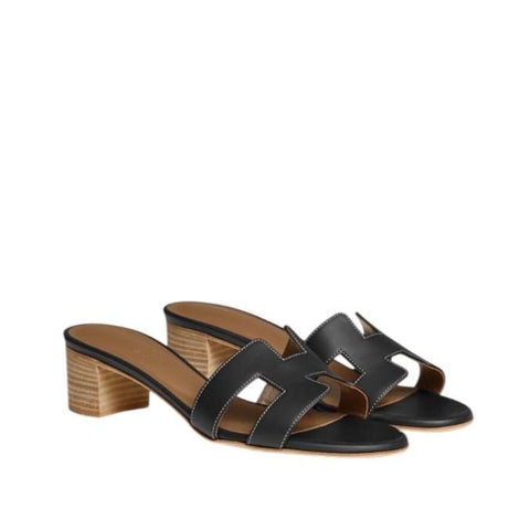 *Hermes Oasis Leather Iconic 'H' Cut-Out Stacked Block Heel Slide Sandals w/Box, Size 38