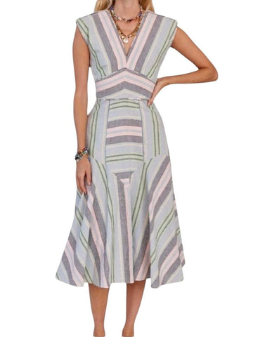 *Hunter Bell Jordan Linen & Cotton Pastel Stripe Sleeveless V-Neck Fit & Flare Midi Dress, Size M