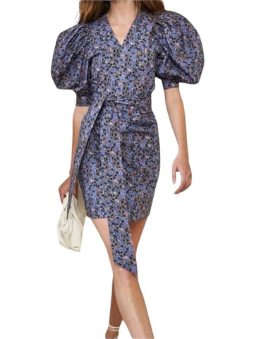 *Hunter Bell Hampton Cotton Geo Bloom Short Puff Sleeve V-Neck Wrap Mini Dress, Size M