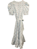 *Hunter Bell Rebekah Taffeta Blue Blossom Floral Short Puff Sleeve V-Neck Tie Waist Tiered Hem Midi Dress, Size 8