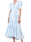 *Hunter Bell Rebekah Taffeta Blue Blossom Floral Short Puff Sleeve V-Neck Tie Waist Tiered Hem Midi Dress, Size 8